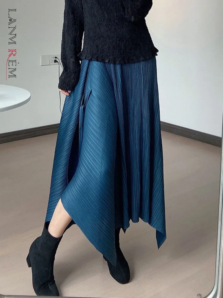 

LANMREM 2024 New Women Spring Skirt Elastic Waist Solid Color Asymmetrical Hem Loose Mid-calf Skirts Female Fashion 2J933