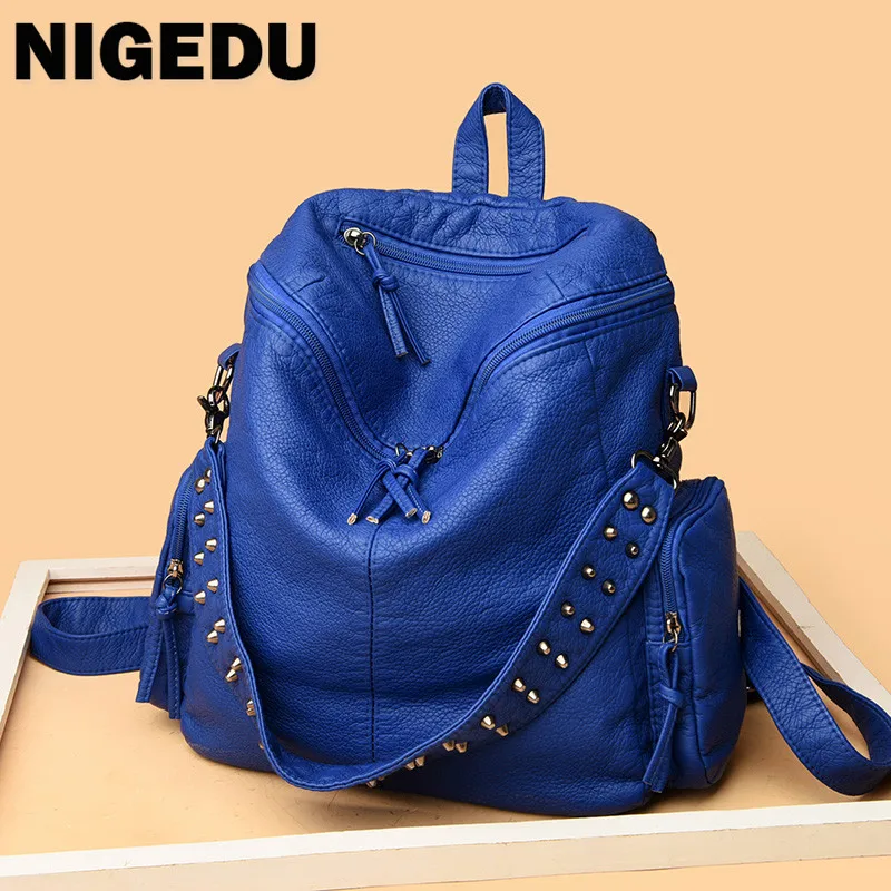 Fashion Rivet Women Backpacks Luxury Multifunction Ladies Shoulder Bag Large Capacity Soft Leather School Bags Travel Backpack