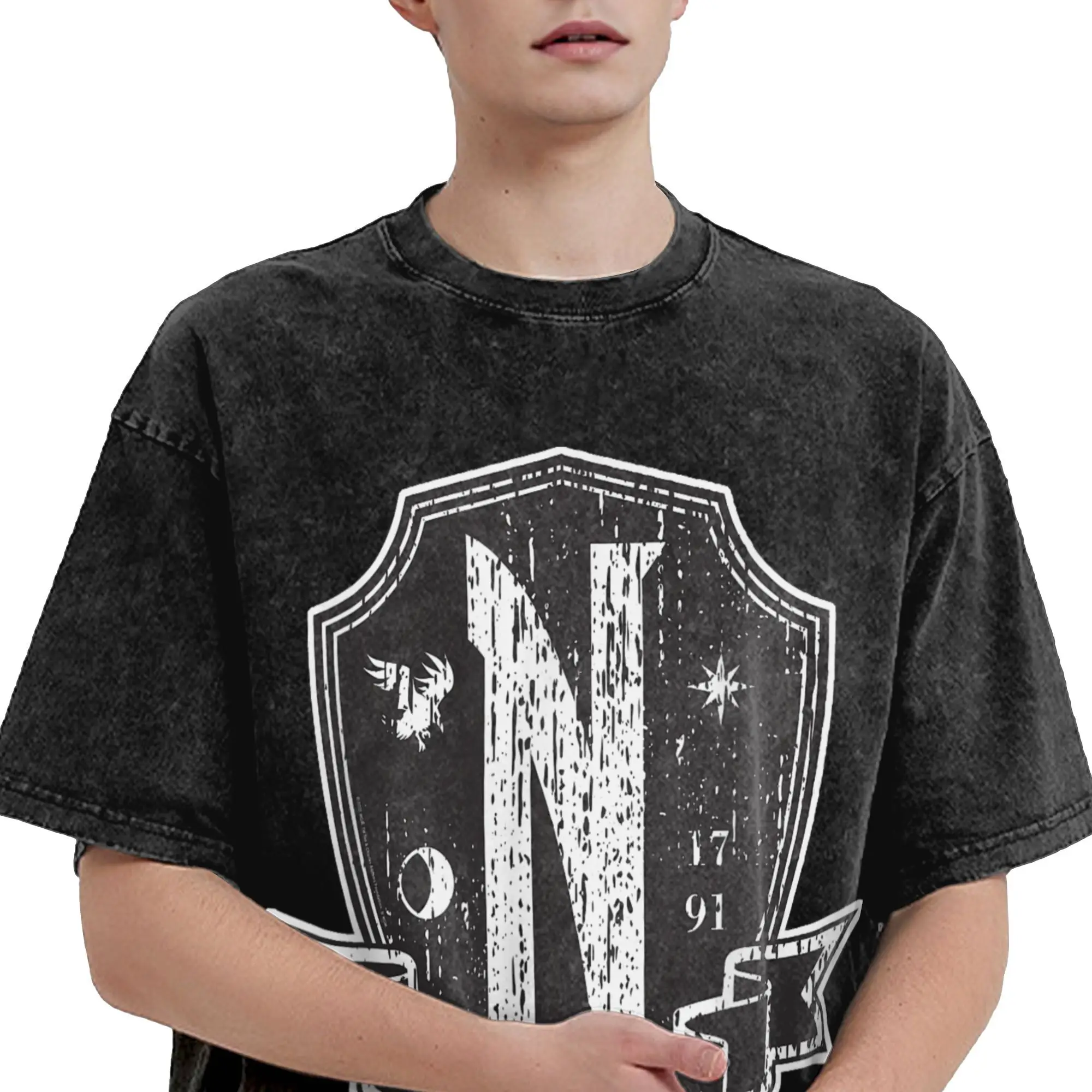 Camiseta para hombre, camisetas lavadas con Logo de la Academia Nevermore, camiseta de moda de verano, ropa de algodón de diseño estético de talla grande 2XL