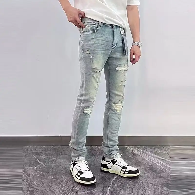 2024 Jeans For Man Classic Patchwork Light Blue Stretch Ripped Denim Pants High Quality Slim Fit Stretch Hip Hop Men\'s Clothing