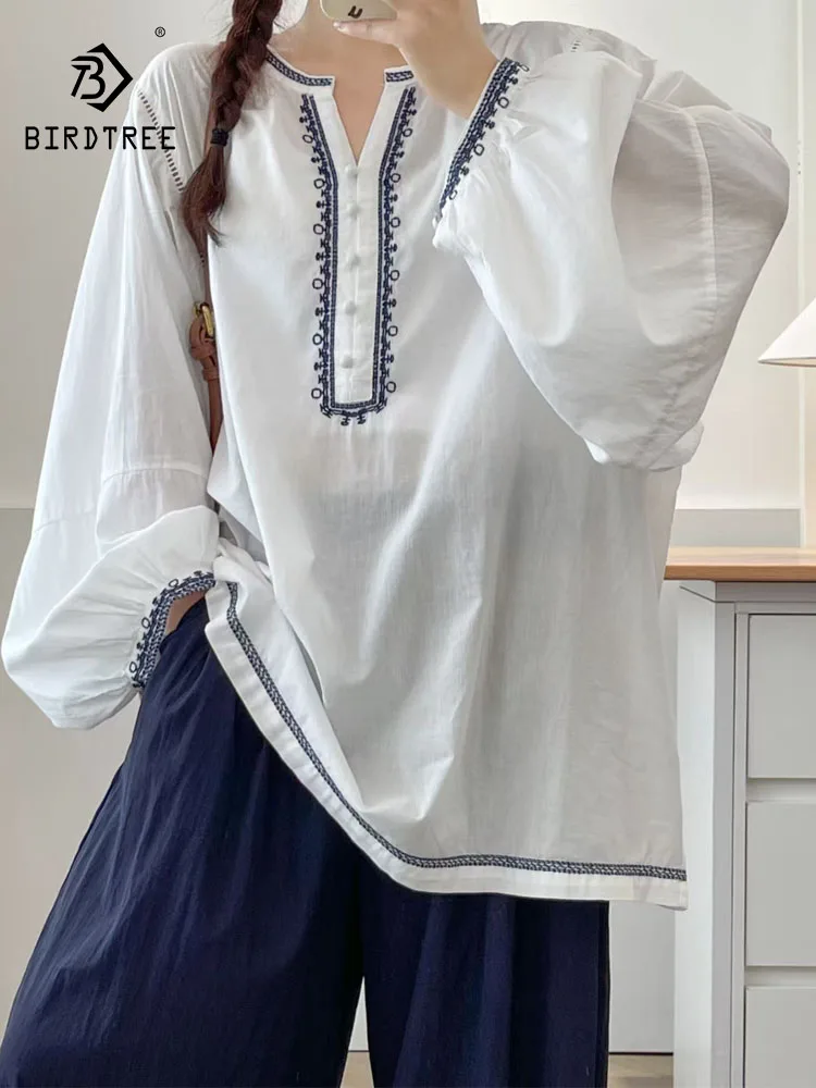 

New 2025 Autumn Cotton Long Sleeve Shirt, Women V Neck Embroidery Buttons, Mori Girl Retro Sweet Chic Loose Doll Blouse T58348CC