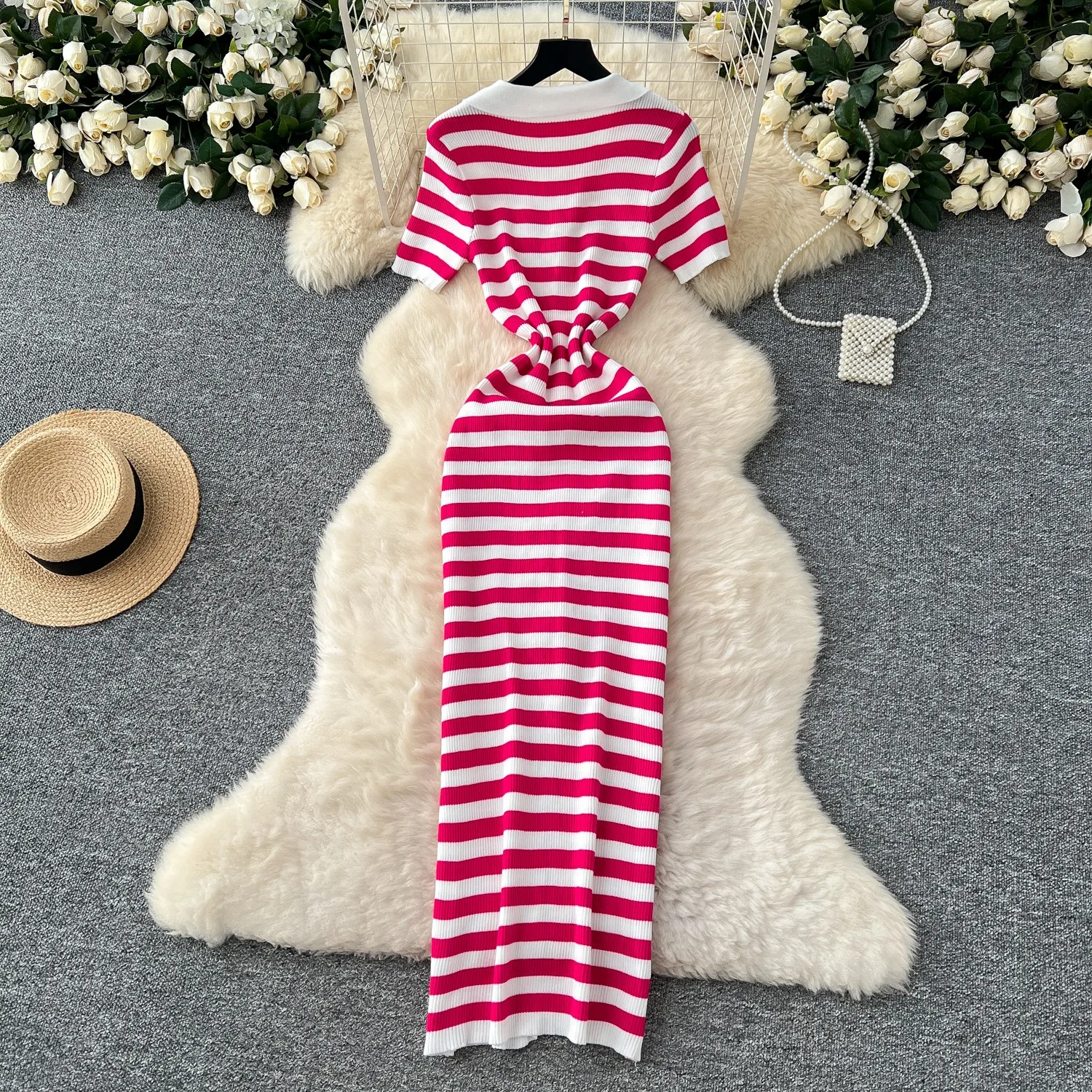 YuooMuoo Women Spring Summer Style Knitted Maxi Dress Lady Elegant Turn-down Collar Shirt Sweater Dress Wholesale Streetwear