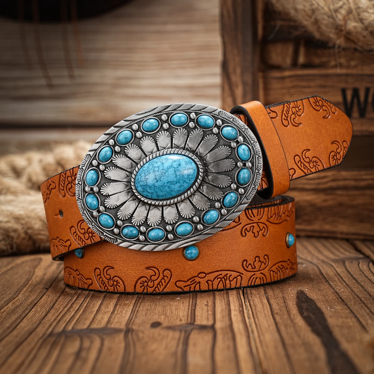 Western Cowboy PU Leather Belt - Men Waist Strap Bull Decoration Floral Engraved for Jeans