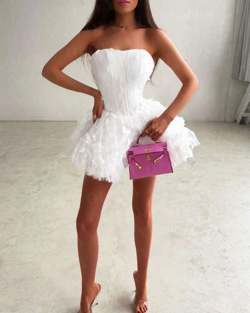 

OLOEY Mini Short Lace Butterflies Wedding Dresses Customized Sweetheart Fluffy Bridal Gowns Mariage Customized Prom Dress