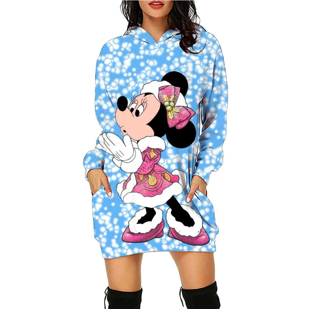 Christmas Disney Mickey Mouse Autumn Women\'s Hoodie Dress Fashion Sportswear Dress Women\'s Pocket Hoodie Casual Dress Knee lengt