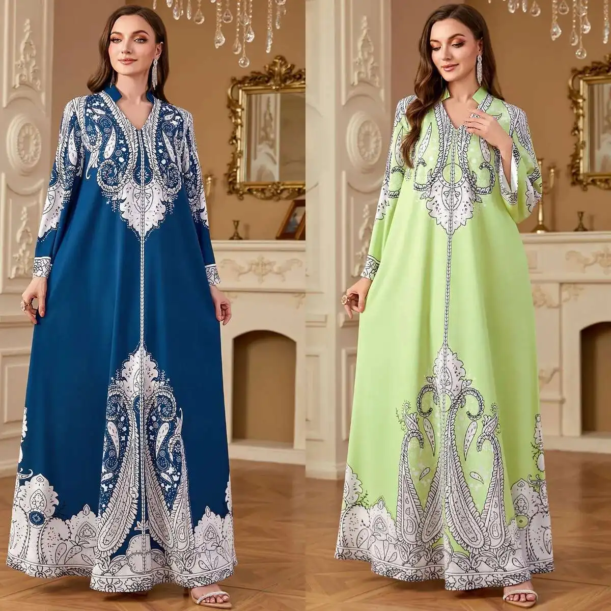 

4268 New Women's Long Dress Muslim Robe Beaded Loose Printed Dress Long Dress Robe Abaya Ramadan Dubai Luxury Islam Elegant