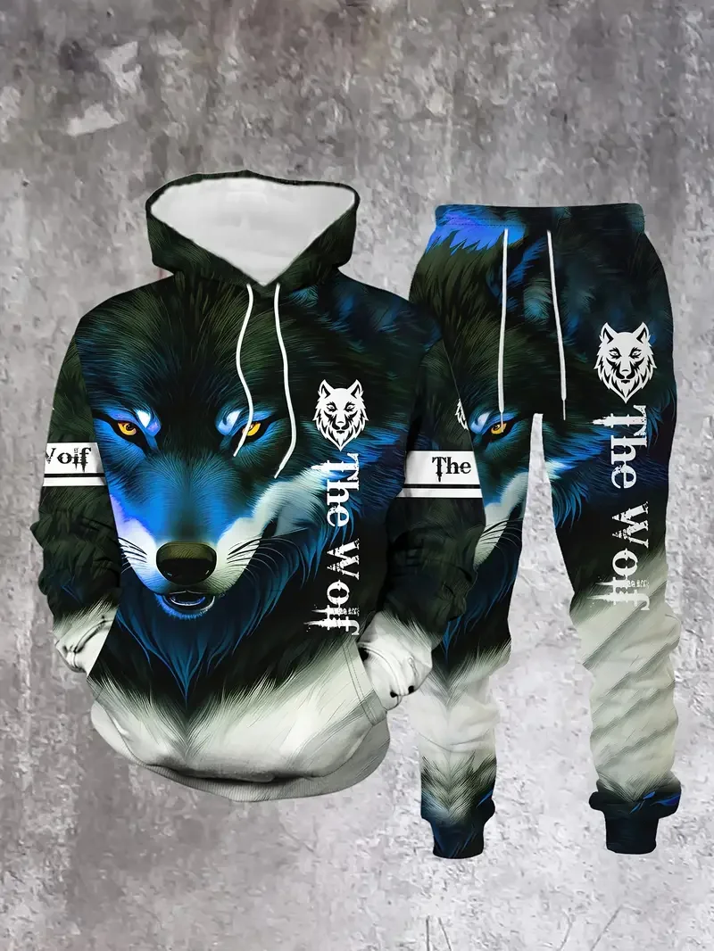 Men's 3D Wild Wolf Print Hoodies Set New Men Women Hooded Sweatshirt Sports Pants Suit Autumn/Winter Oversized Tracksuit Outfits