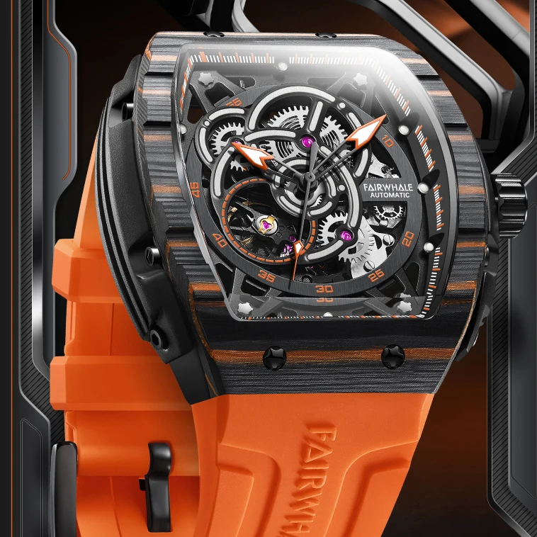 

Mark Fairwhale Men Automatic Watch 47mm Tonneau Mechanical Wristwatch Skeleton Dial Waterproof Luminous Carbon Fiber Bezel