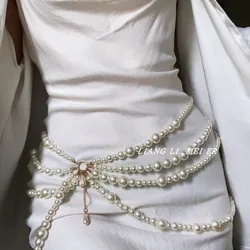 Y2K Jewelry Multilayer Pearl Waist Chain for Women's Fashion Retro Character Playing Body Bridal Wedding Accessories Waistband