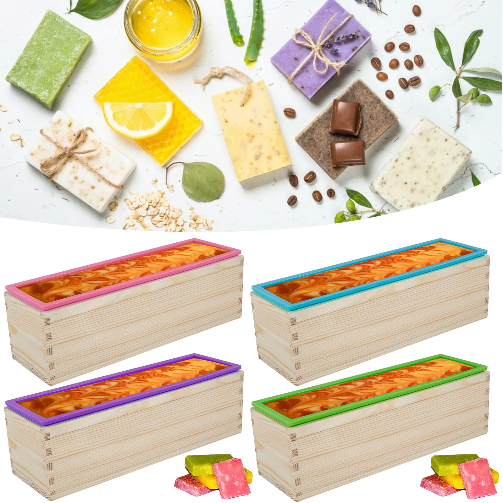 3 Pcs Soap Molds 47oz Rectangular Soap Loaf Mold Flexible Silicone Soap Making Molds Kit with Wood Box Non Stick Soap Silicone