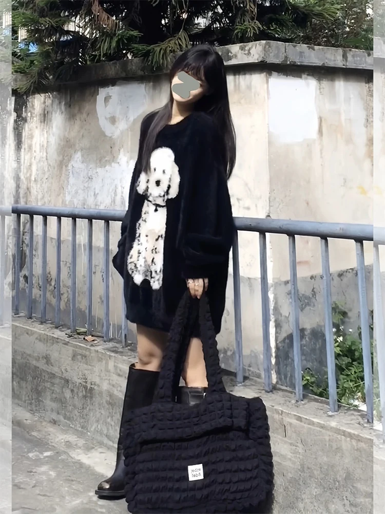 Women\'s Black Gothic Pullover Knitted Sweater Y2k Fashion Harajuku Korean Vintage O-Neck Long Sleeves Emo Sweaters 2000s Clothes