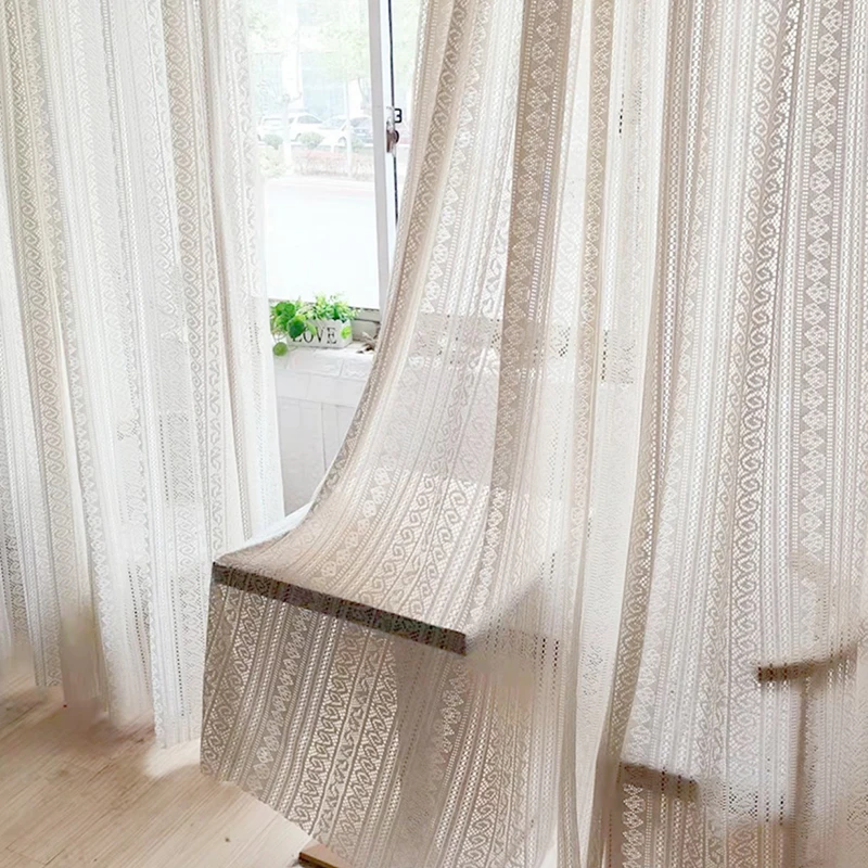 

French Romantic Champagne Hollow Tulle Curtains Living Room Crochet Geometry Curtains for Balcony Semi-Blackout Tulle Yarn #A207