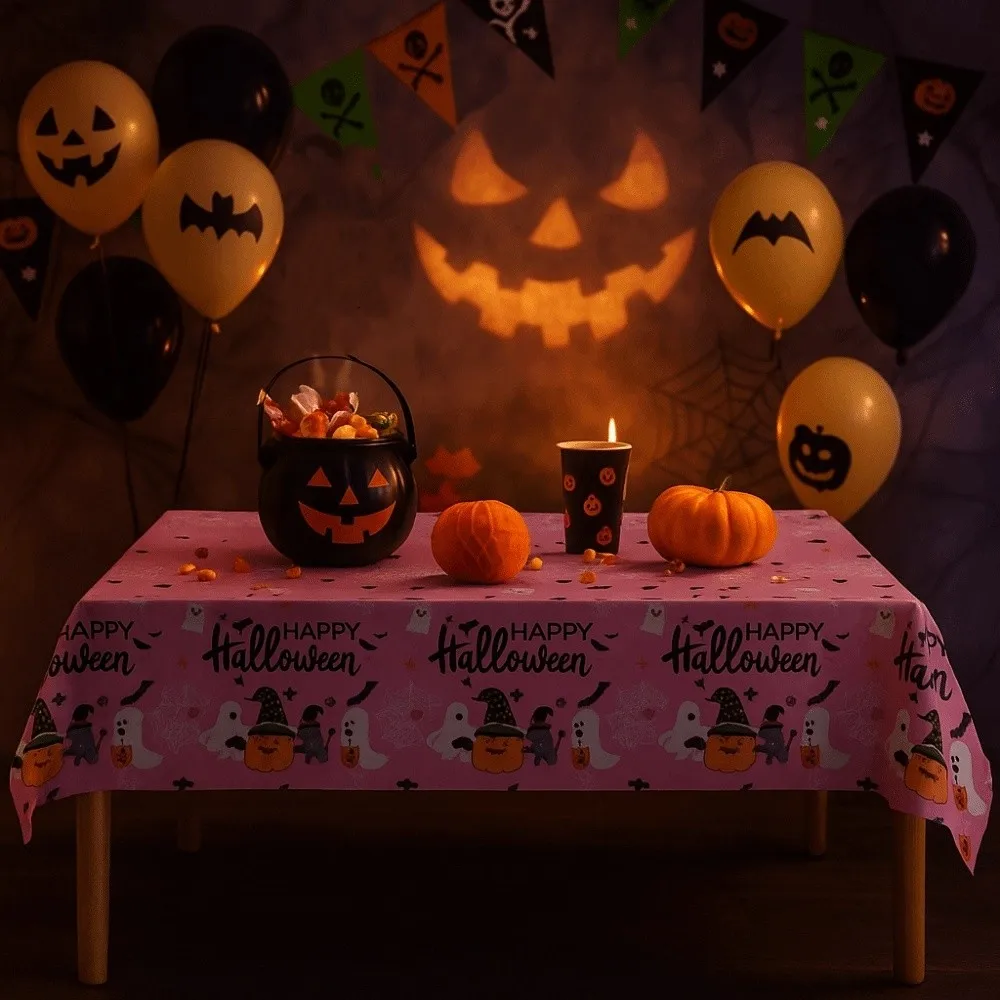Mantel de Halloween con diseño de fantasma de calabaza, cubierta de mesa desechable de plástico con tema de Halloween, camino de mesa rosa, uso en festivales