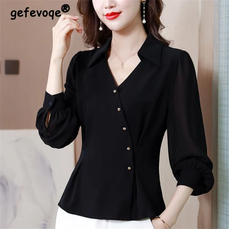 Elegant Chic Asymmetrical Office Lady Black Button Up Shirt Spring Autumn Fashion V Neck Long Sleeve Slim Tops Blouses for Women