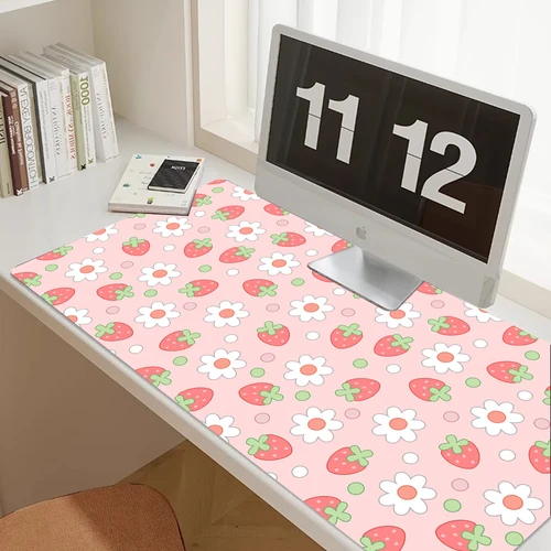 Imagen 2 del producto Alfombrilla de escritorio de fresa, alfombrilla de ratón Kawaii rosa, bonito patrón de flor de cerezo sakura de leche, alfombrilla de escritorio estética Pastel, alfombrillas de ratón para juegos XXL