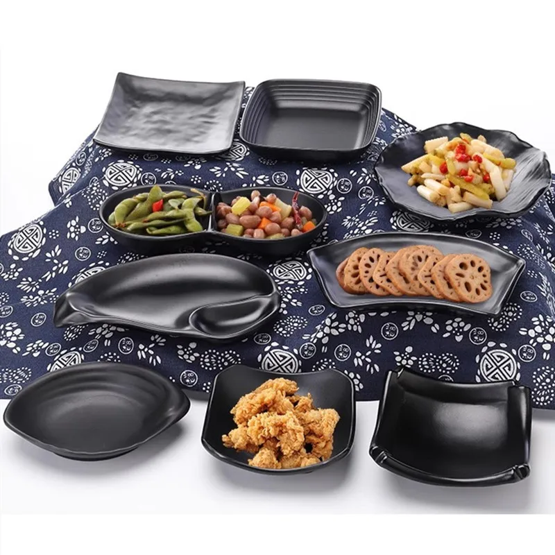 1PC Black Scrub Barbecue Meat Sushi Plate Not Easily Broken Melamine Cutlery Fruit Dessert Storage Plate Kitchen Accessories