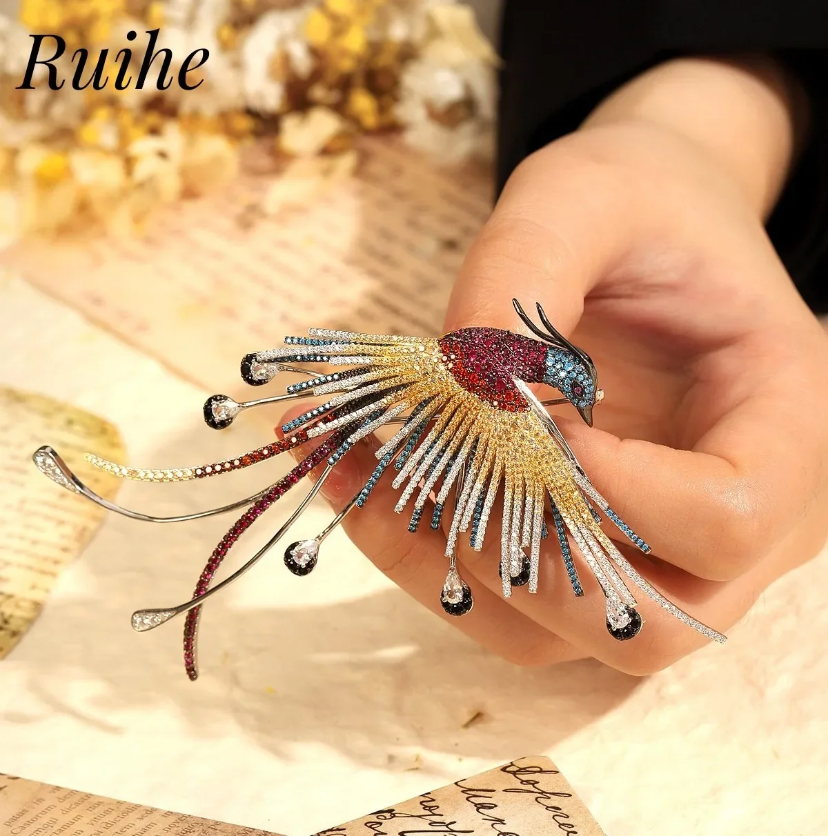 

Ruihe Luxury Phoenix Bird 925 Silver Brooches 5A Cubic Zircona Gemstones Jewelry