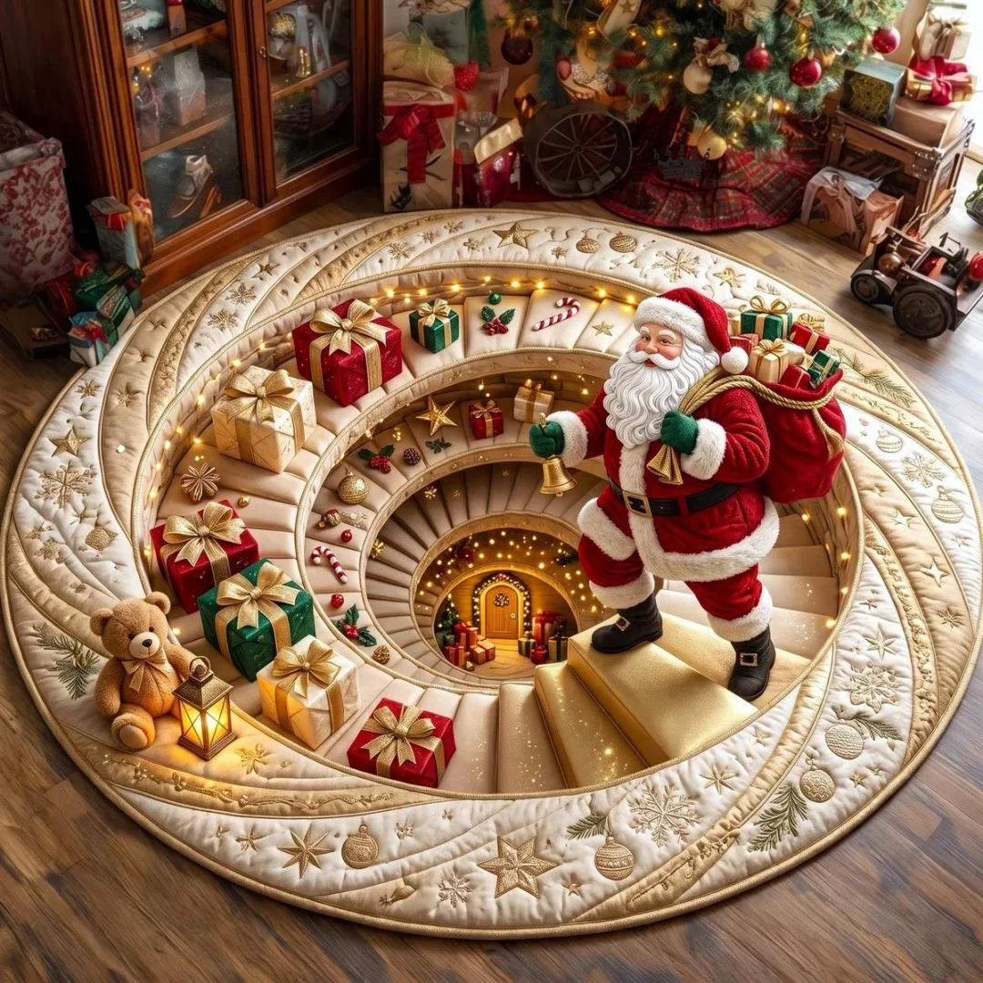 Merry Christmas Round Rug Dizziness Visual Art Carpet Santa Claus Dwarf Print New Year Christmas Gift Hallway Decor Non-slip Rug
