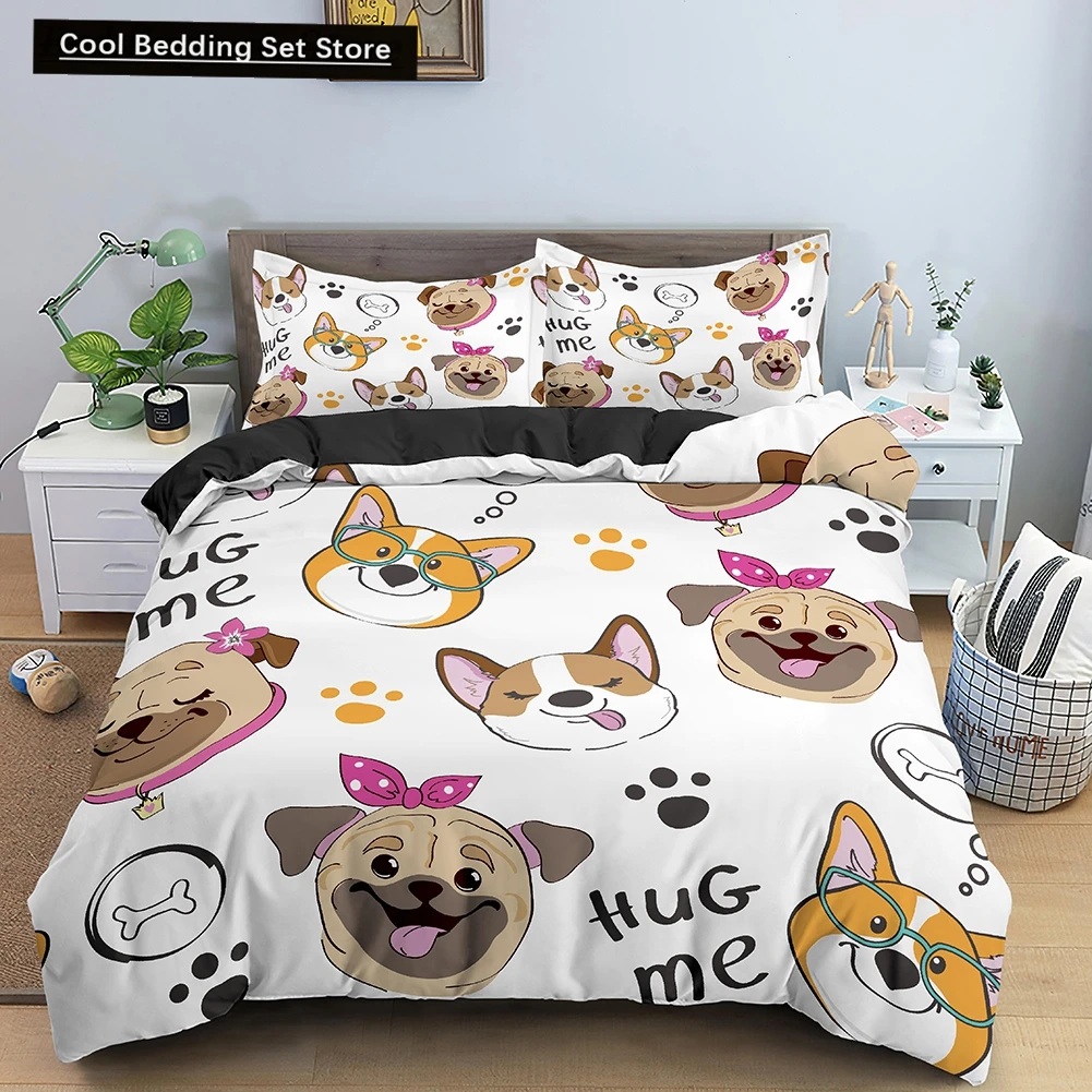 Cartoon Dog Duvet Cover King Queen Funny Pet Puppy Head Printed Bedding Set for Kids Teens Adults Animals Polyester Quilt Cover