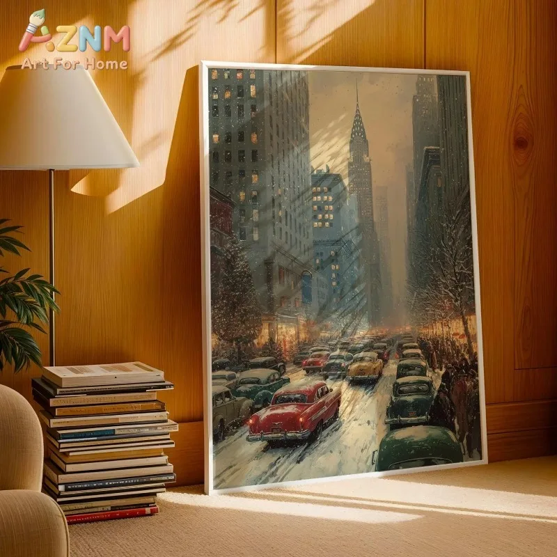 Vintage New York City Christmas Canvas Wall Art Snowy Manhattan Street Cars Winter Holiday Scene Print Unframed Canvas Poster