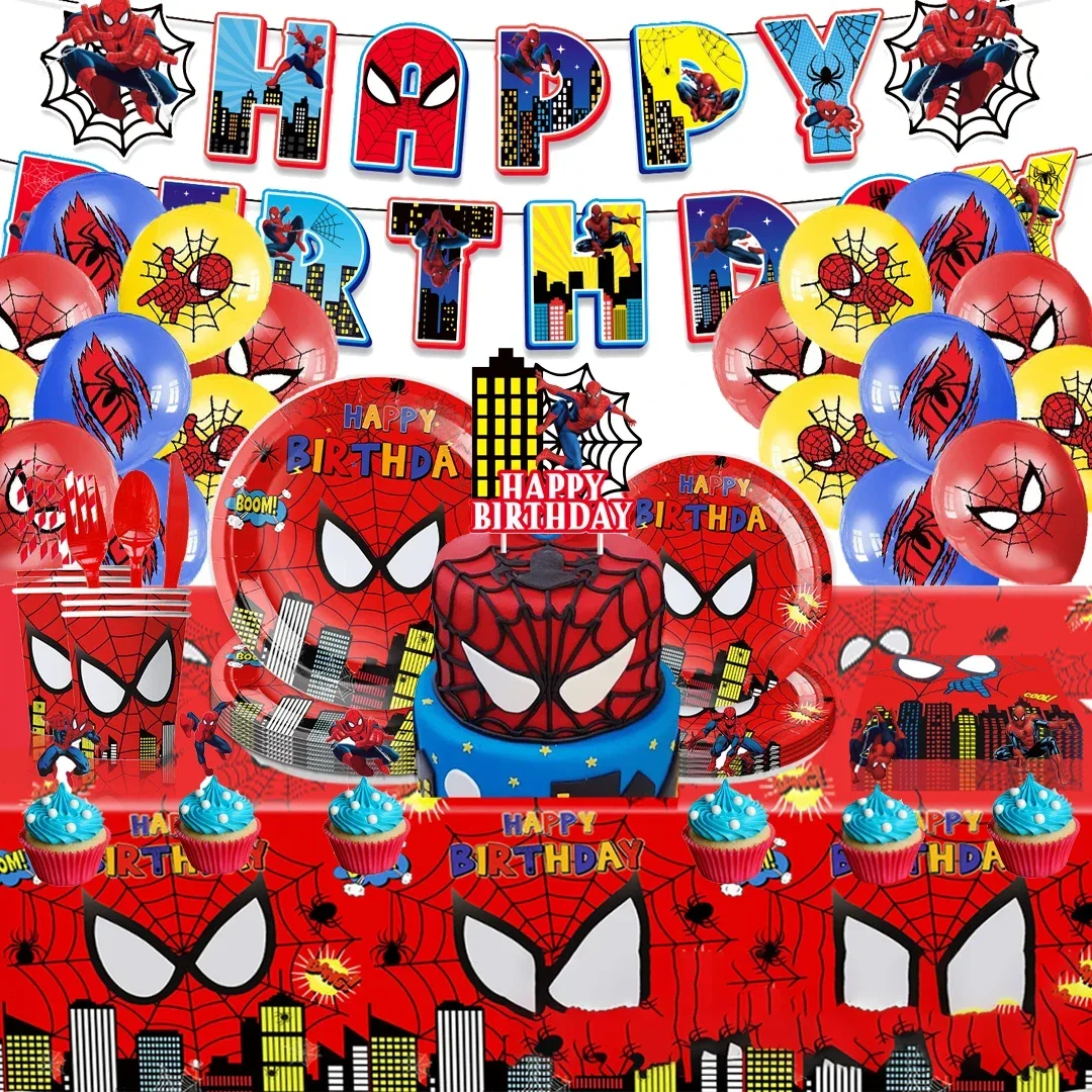 SpiderMan series Birthday Party dinnerware Disposable Banner Cake Topper Hanging Flag Spider Man Balloons Birthday Decoration