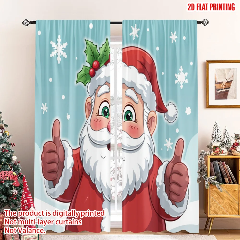 

2pcs 2D flat printing Merry Christmas Popular Curtain Santa Claus Snowflakes Christmas 100% Polyester Fabric Without Electricity
