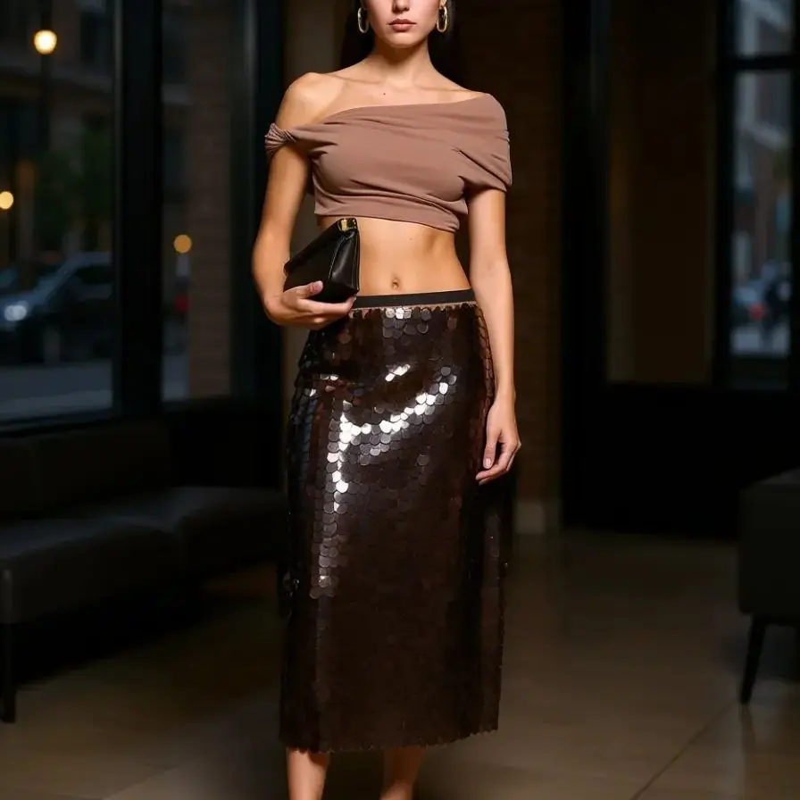 

Sequin Midi Skirt Women High Waist Shiny Brown Party Skirt Long Sequined Skirt Night Club Evening Formal Wear Glitter Skirt