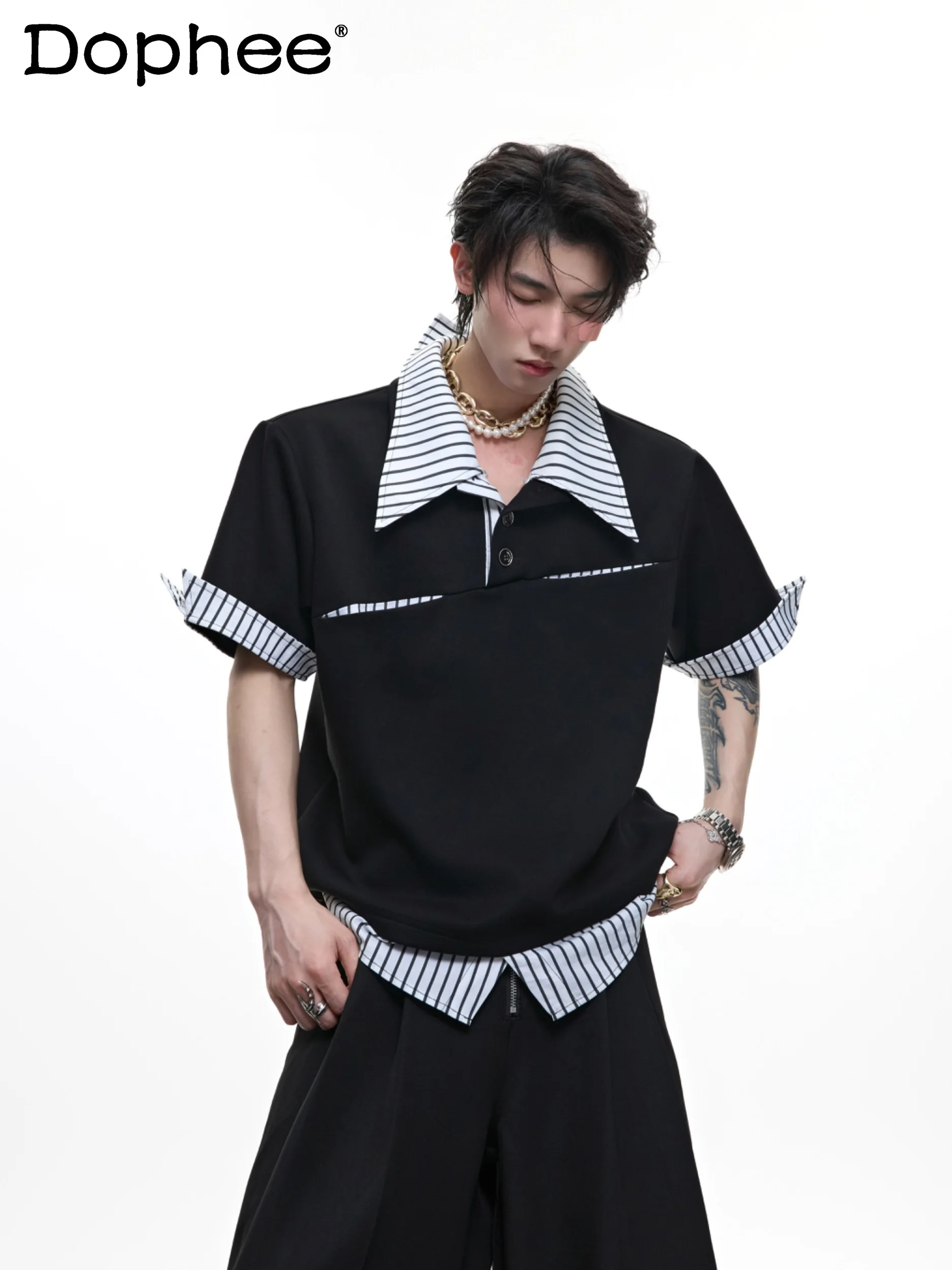 

American High Street Fashion Trend Short-sleeved T-shirt Loose Striped POLO Shirt Handsome Men's Half-sleeved Top Summer