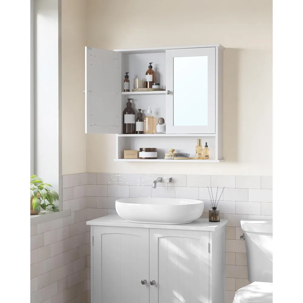 Bathroom cabinet with mirror, wall cabinet with 2 mirrored doors, adjustable shelves, open compartment, wall-mounted