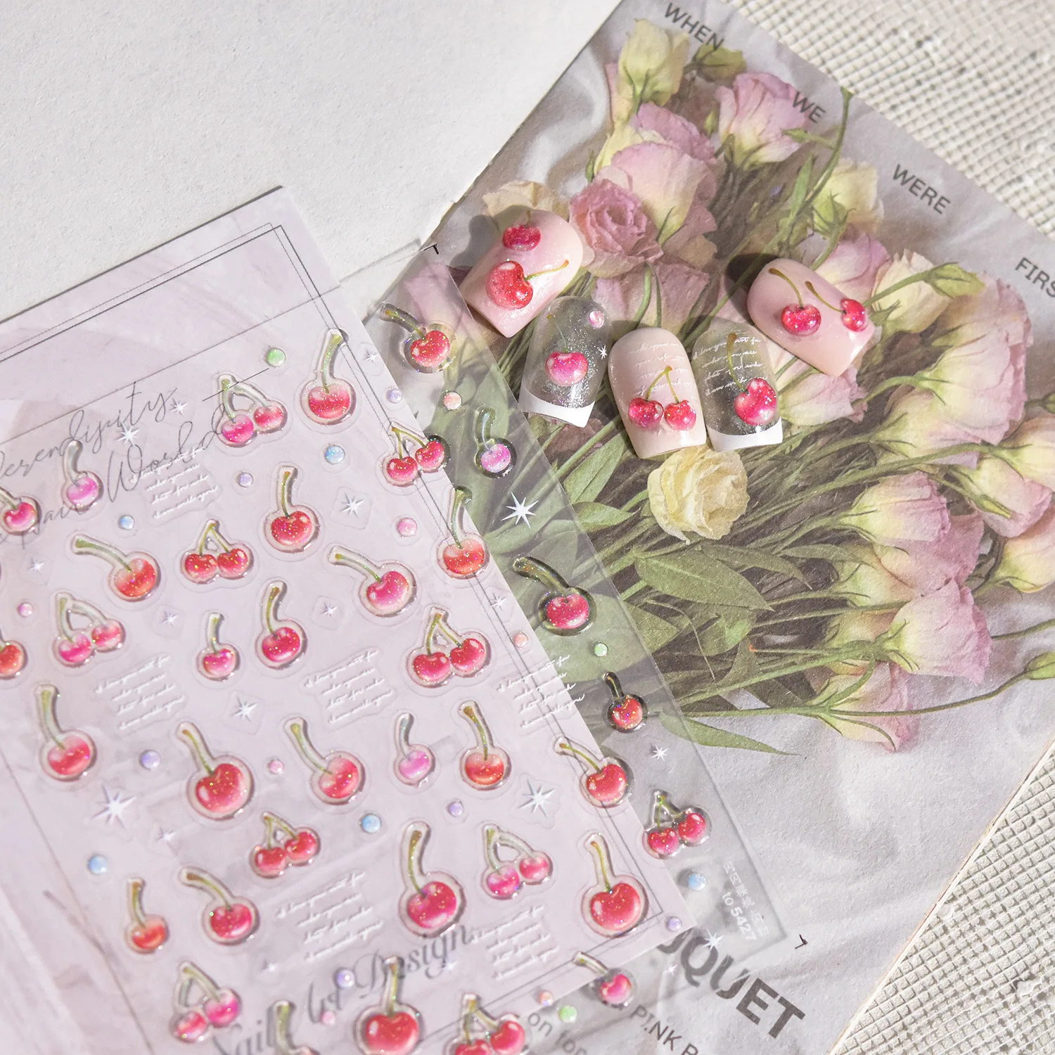 Bonitas pegatinas brillantes de cereza para decoración de uñas, diseño de fruta dulce, pegatinas autoadhesivas para decoración de uñas, accesorios para uñas con purpurina DIY