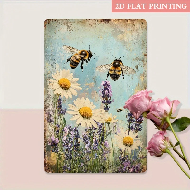 Vintage-Wandkunst aus Metall mit Bienen und Gänseblümchen – rustikales florales Blechschild für Garten, Schlafzimmer oder Bauernhausdekoration, 8x12 Zoll große Plakette