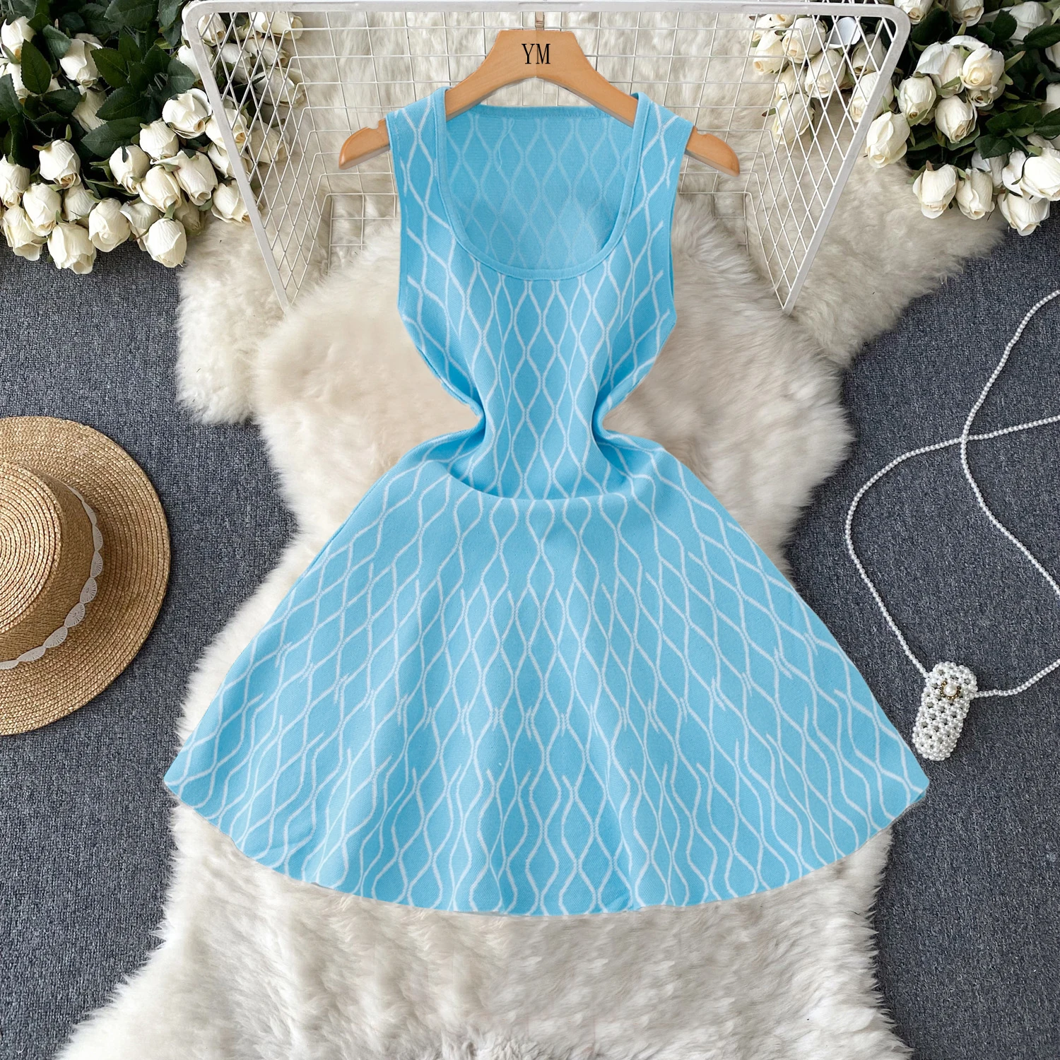 YuooMuoo Chic Fashion geometrica lavorato a maglia abito corto donna Y2K estetica senza maniche A-line abito estivo coreano Lady Party Vestido