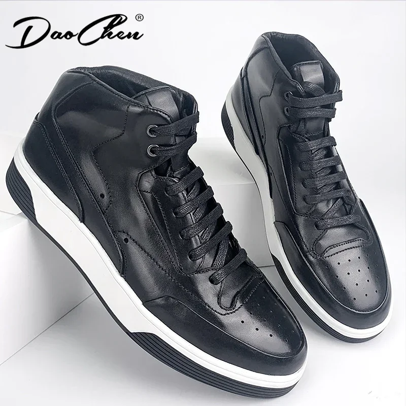 2024 NEW SHOES LUXURY DESIGNER MEN'S CASUAL LEATHER SHOES  FOR MEN HIGH-TOP BLACK CASUAL MALE SNEAKERS PLATFORM ANKLE BOOTS