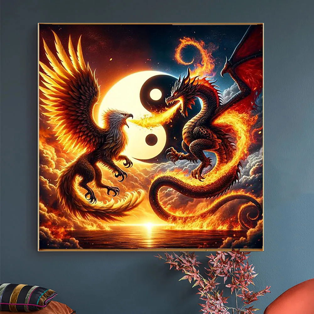 Yin Yang Dragon Phoenix Animal Clip Art Color Diamond Painting Set Universe Starry Sky Cross Embroidery Flower Mosaic Home Decor