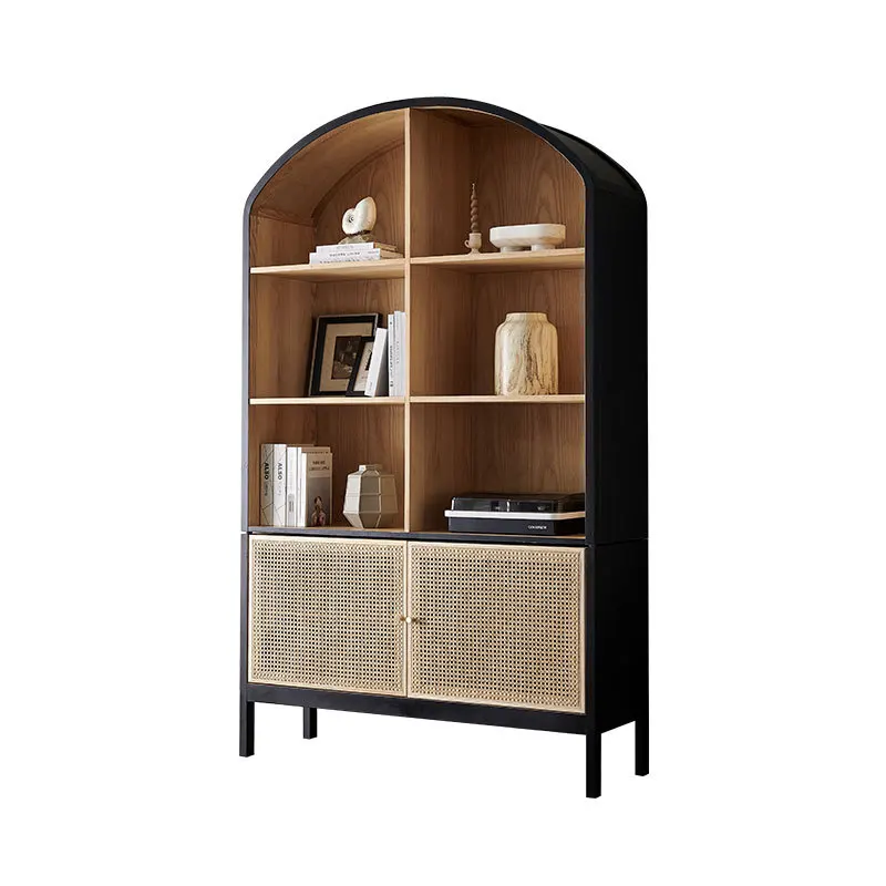

Nordic retro solid wood bookcase wabi wind living room wall storage rack floor rack rattan display cabinet storage cabinet