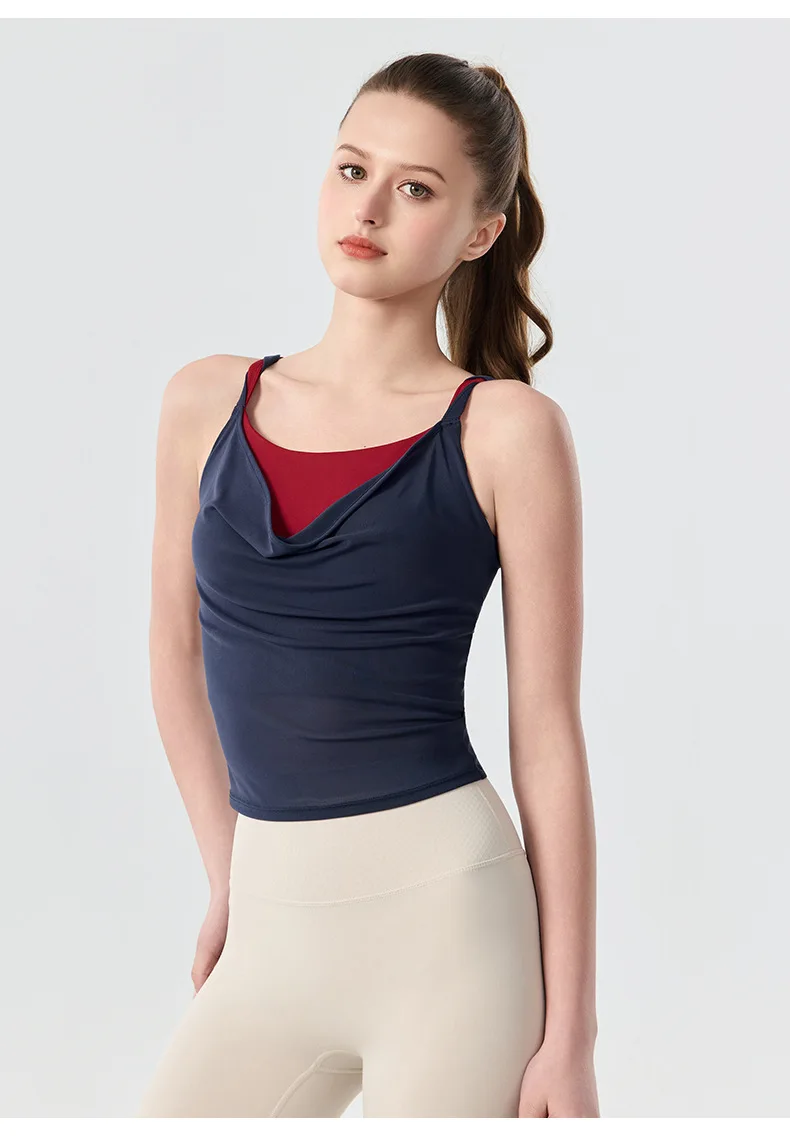 

Summer Women Yoga Fake Two Pieces Stitching Color Tank Tops Sports Fitness With Chest Pad Elastic Breathable Comfortable Vest