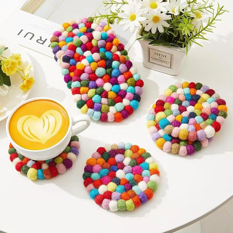 Colorful Round Felt Ball Coasters 4 Inches Wool Felt Coaster Pads Fashionable Handmade Wool Felt Small Cup Mat Rotundity