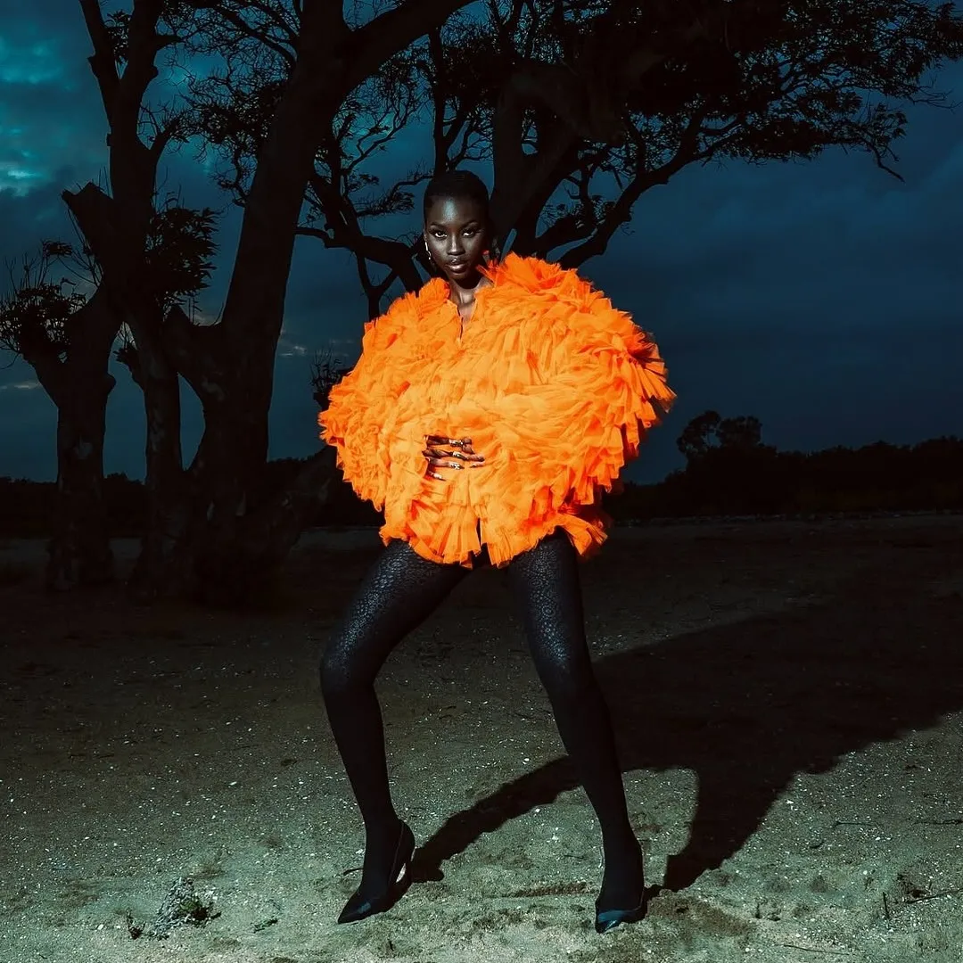 

Fashion Bright Orange Ruffles Tulle Women Top Puff Sleeves Layered Tutu Tulle Women Top Outerwear