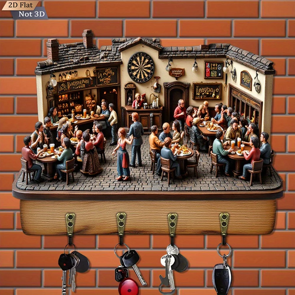 2D flach, 1 Stück, Miniatur-Bar-Szene-Schlüsselhaken, multifunktionaler Hausschlüsselhalter aus Holz mit vier Metallhaken, geeignet für die Wand