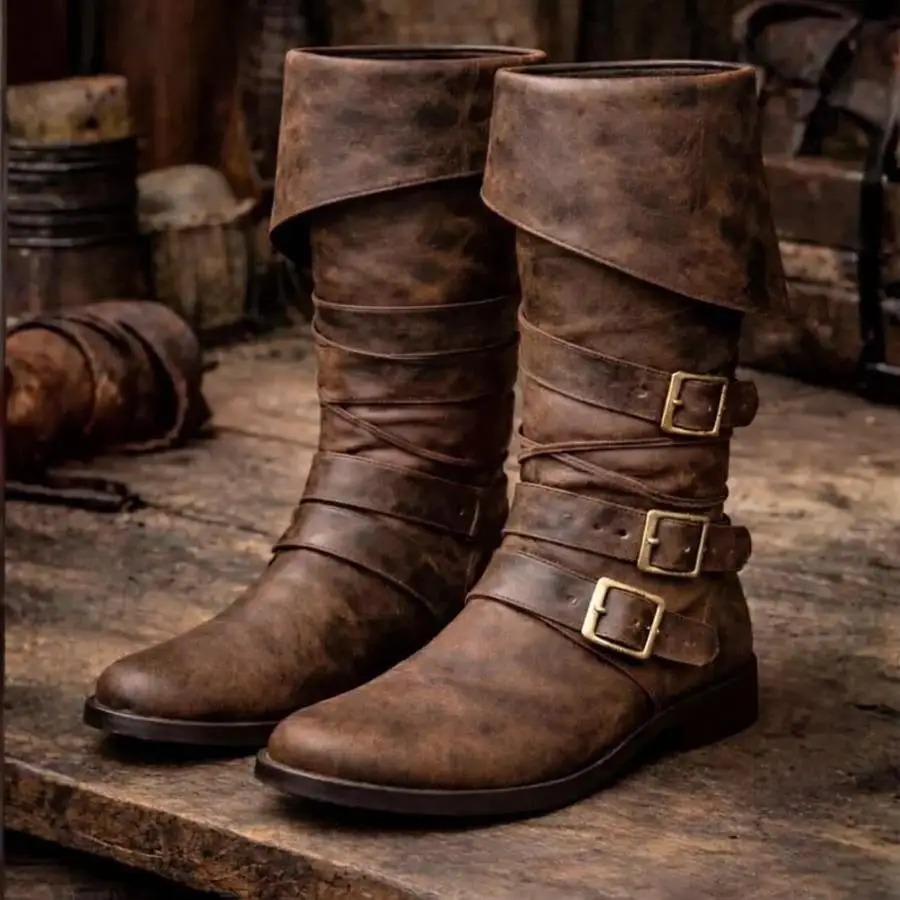 Herren Distressed Fold-Over-Manschetten Piratenstiefel Mittelhohe Stiefel Mittelalterliche Renaissance Kapitän Cosplay Stiefel Party Kostüm Schuhe 2026 – Detail 6