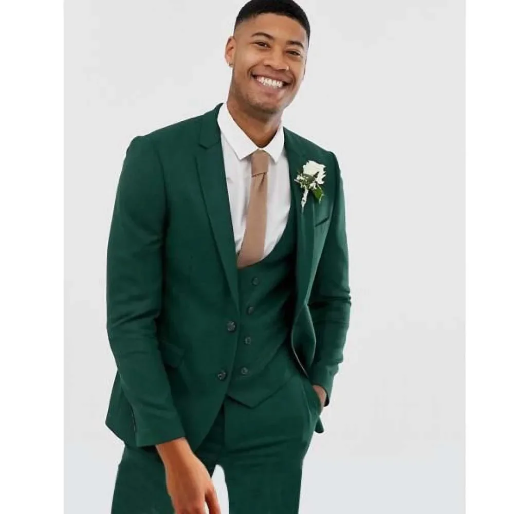 

Dark Green Notch Lapel Single Breasted Male Suit Elegant Casual Business Formal Wedding Groom Tuxedo 3 Piece (Blazer+Vest+Pants)