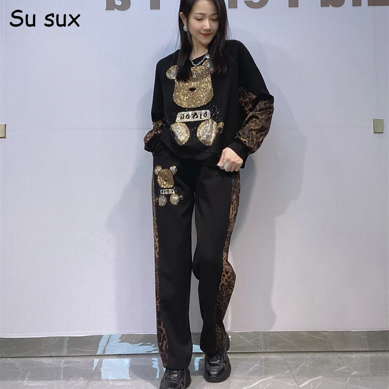 

Cartoon Print Leopard Patchwork Oversized Pant Sets Woman 2 Piece Outfits Casual Pullover Long Sleeve Sweatershirt Matching Sets