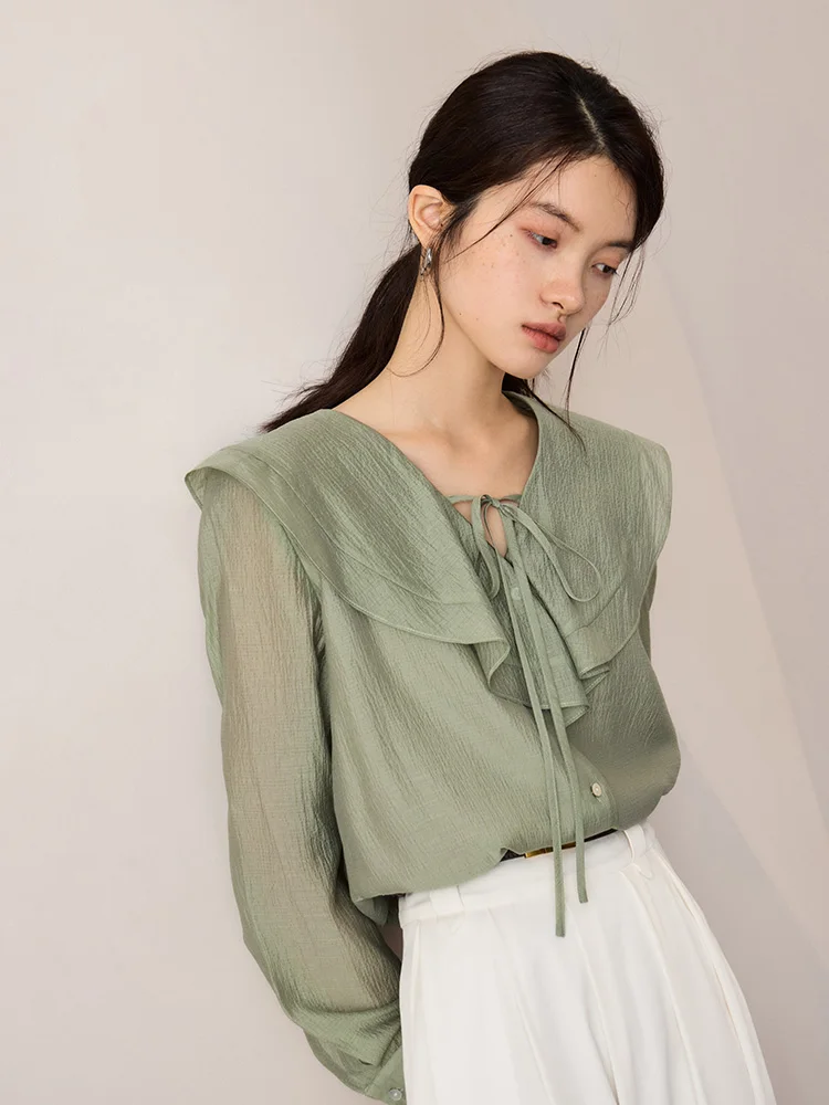 ZIQIAO French Ruffle Lace Up V-neck Shirt For Women's 2023 Autumn New Design Sense Niche Top Green White Women Casual Tops