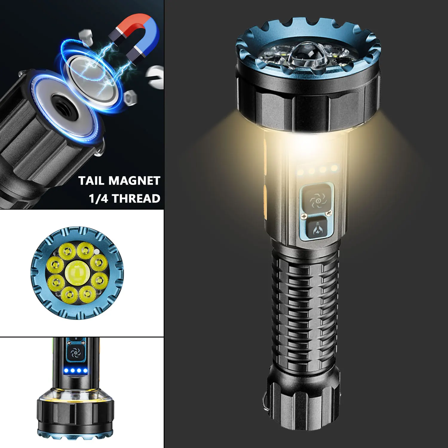Linternas recargables de alto lumen, linterna superbrillante de 2000lm con luz de camping, iluminación bidireccional, antorcha con batería 21700