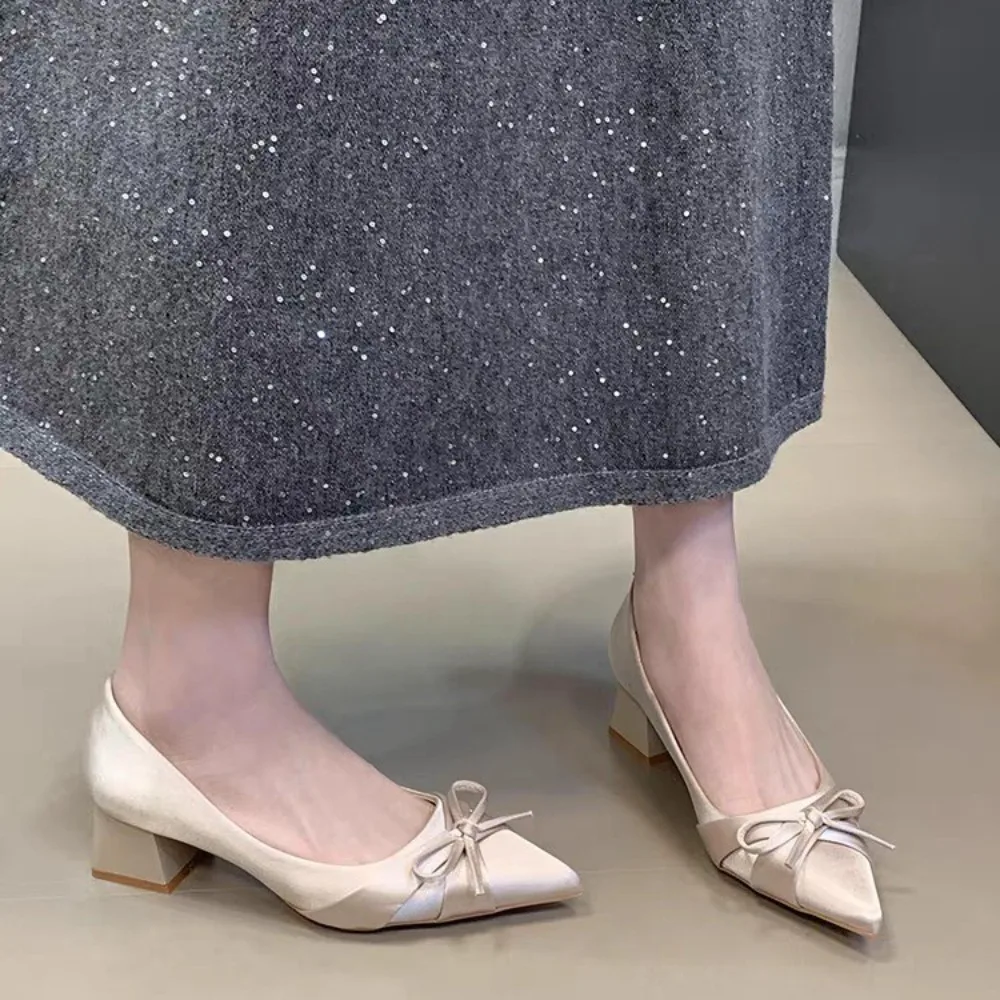 2026 New Temperament Satin Pointed  Pumps Sweet Bow Thick Middle Shoes for Solid Shallow Mouth Elegant Woman Heels