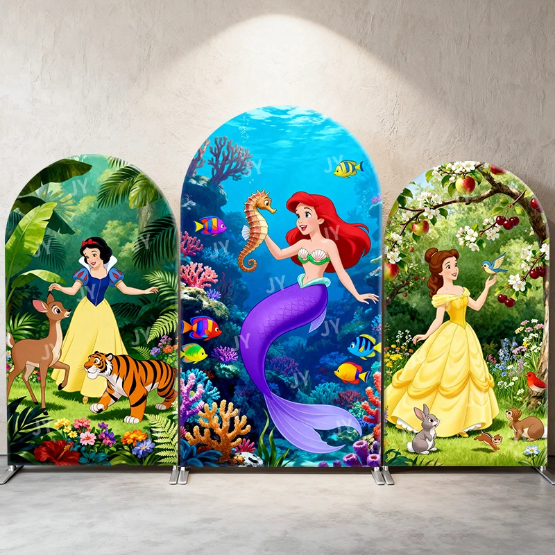 

Disney Princess Arch Backdrop Cover Snow White Ariel Belle Background for Kid Birthday Party Baby Shower Event Photography Decor