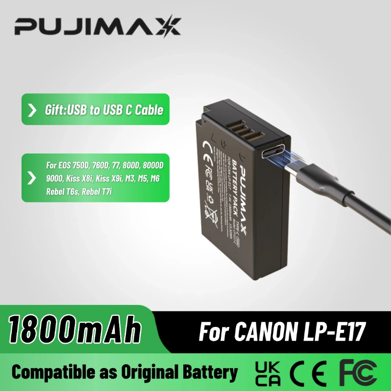 PUJIMAX LP-E17 Battery with Type C Charging for EOS R50 R8 R10 RP M6 Mark II T7i 200D Mark II T8i T6i T6s Rebel SL2 SL3 Kiss X8i