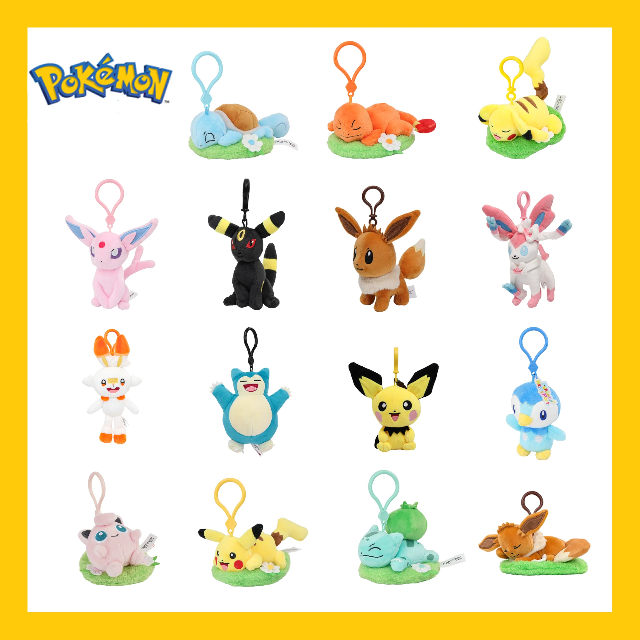 Original Pokemon Eevee Plüsch-Schlüsselanhänger-Set, 5 Zoll, Snorlax Plüsch-Schlüsselanhänger-Puppe, Pikachu, Jigglypuff, Umbreon, Taschenanhänger, Geschenke