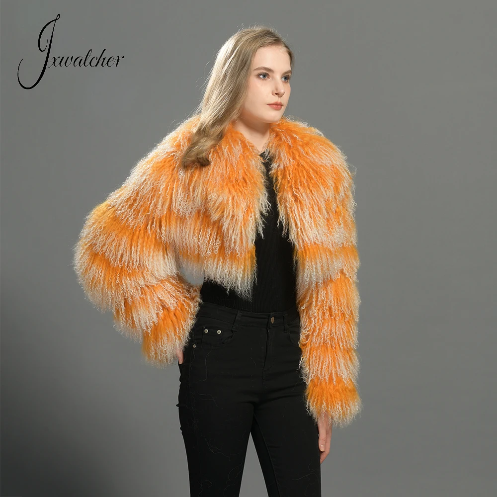 Jxwatcher Dames Echte Mongoolse Bontjas Winter Warme Pluizige Bont Cropped Jasje Dames Herfst Mouw Nieuwe Stijl Bovenkleding