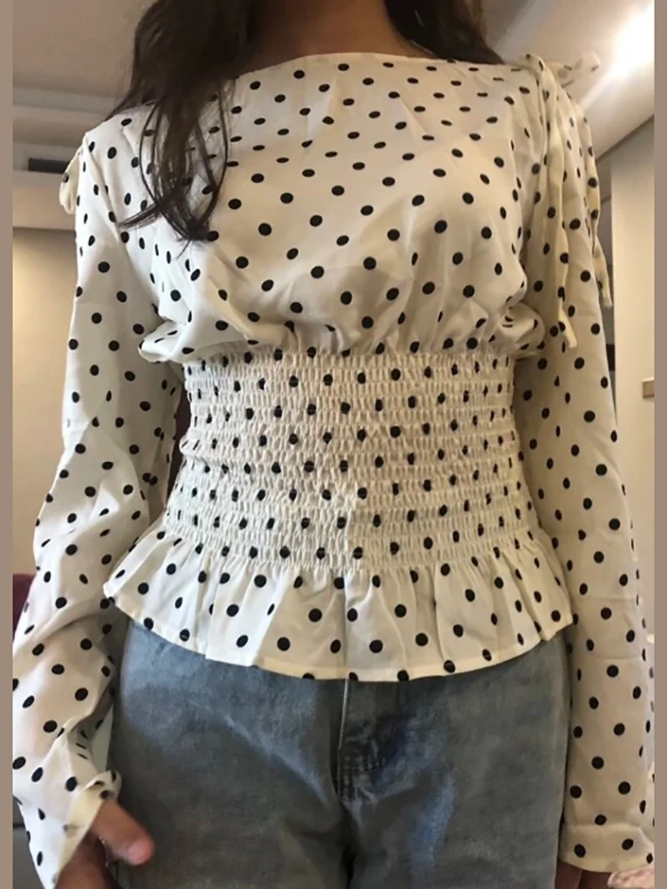 Classic Polka Dot Cinched Waist Top Women Elegant Full Sleeve Reffles Boat Neck Lace Up Short Blouse New Autumn Daily Streetwear